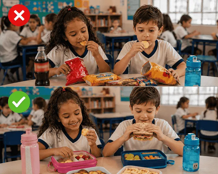 Crianças na escola com lancheiras saudáveis